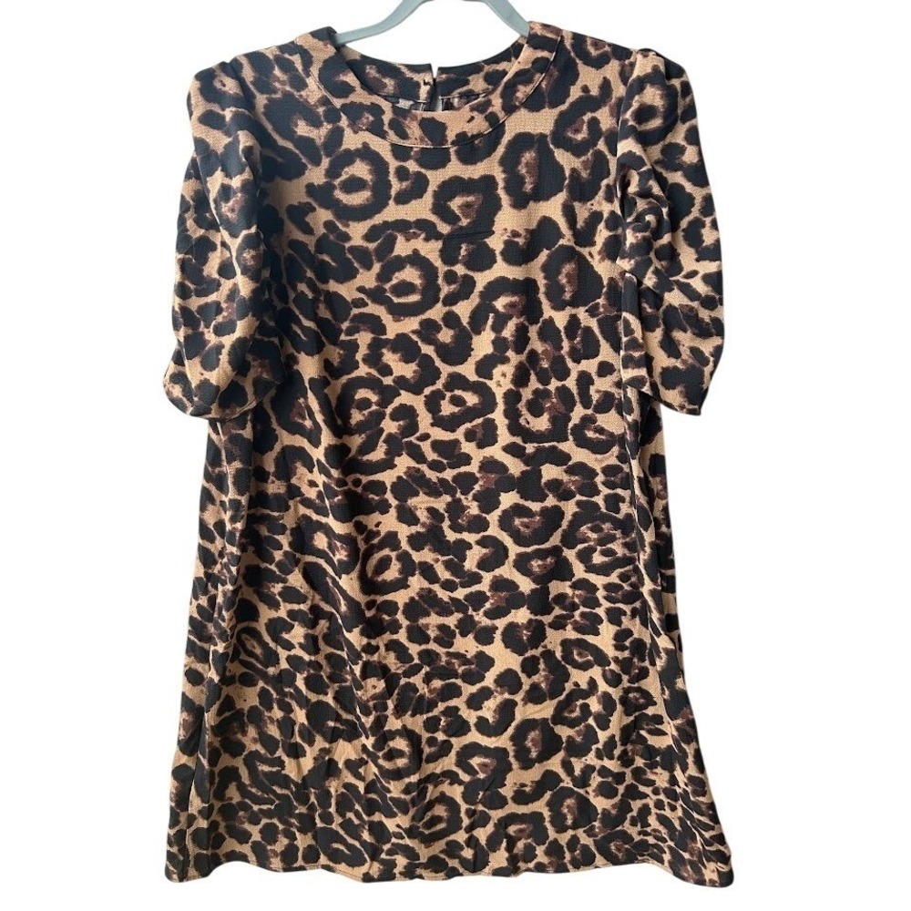 Shein Curve Leopard Print Puff Ruched Sleeve Dress Brown Black 1XL